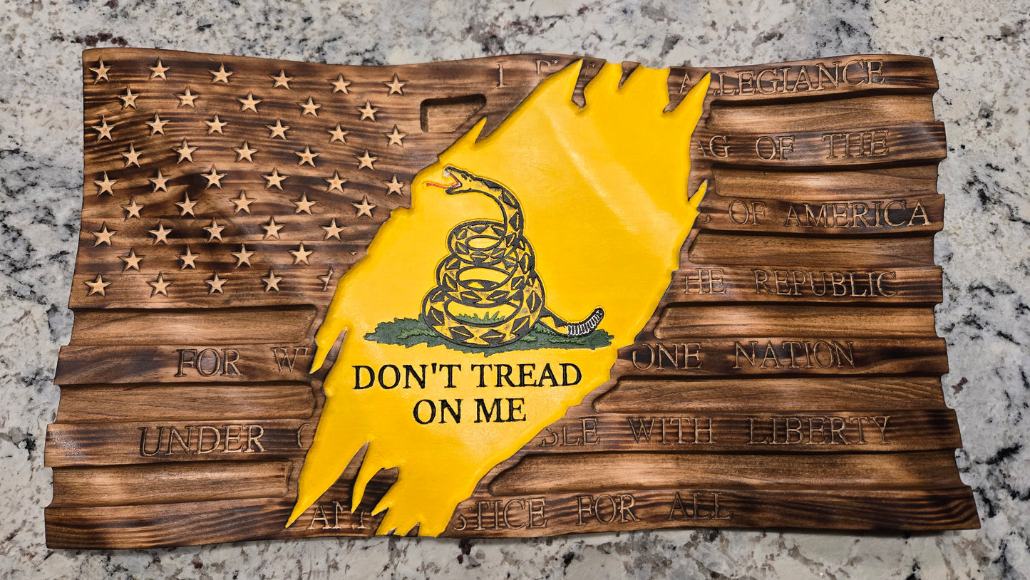 Waving Wooden Gadsden American Flag